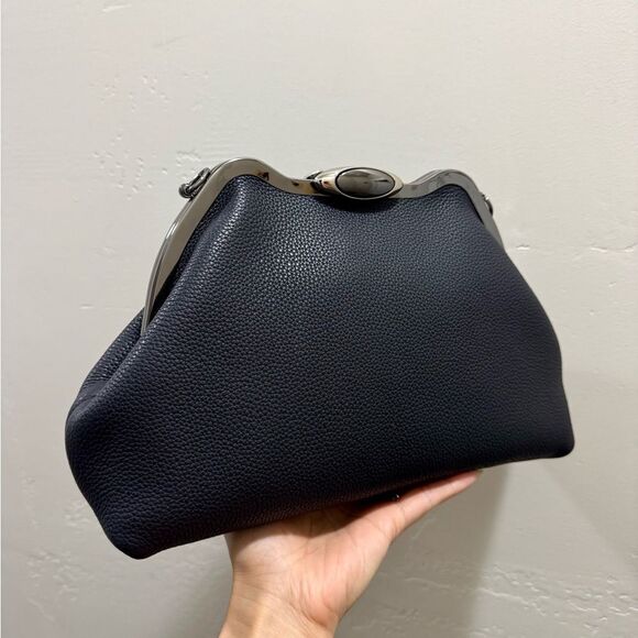 Black Togo Cowhide Leather Handmade Custom Metal Frame Handbag & 2 Strap Styles - Picture 9 of 16